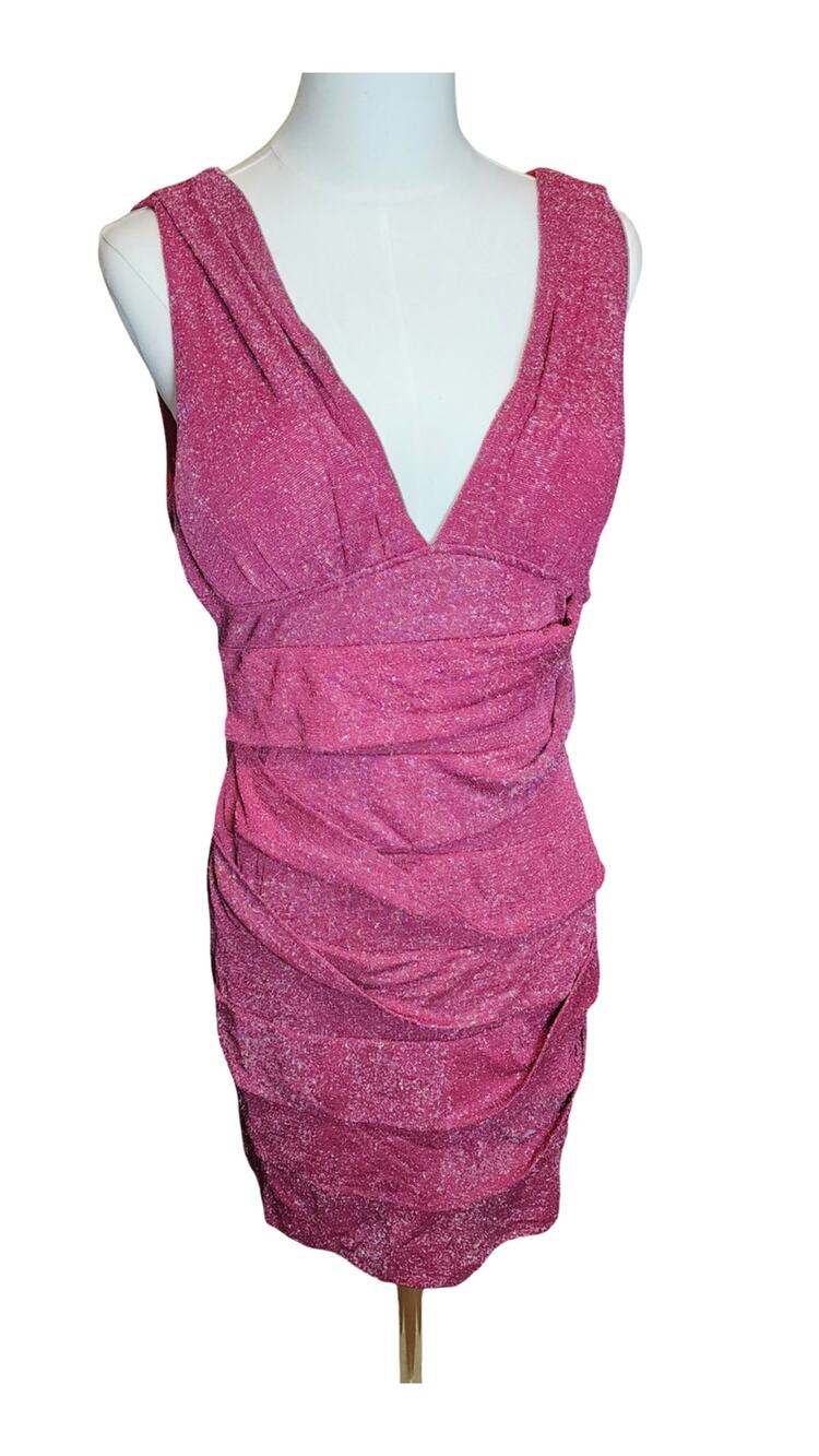 Paper Moon Pink Metallic Glitter Ruched Bodycon Mini Dress Large NWT